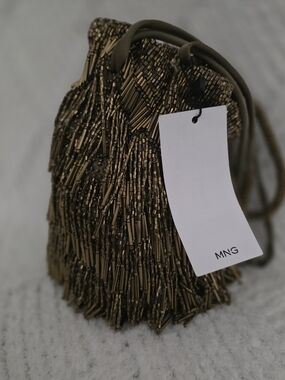 Mango Metallic Bronze Beaded Drawstring Mini Bag